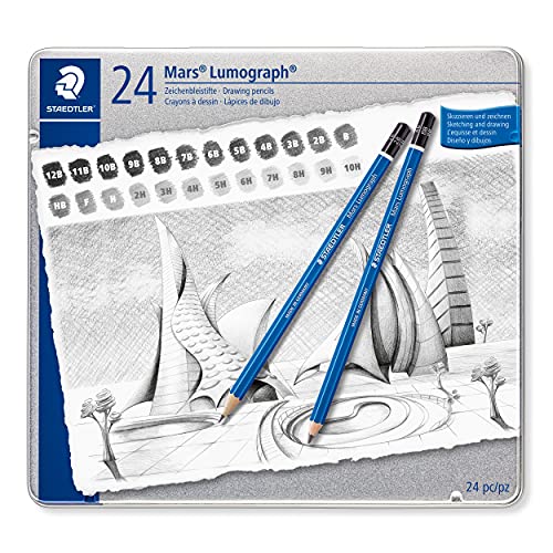 STAEDTLER Mars Lumograph Art Drawing Pencils, Graphite Pencils in Metal Case, Break-Resistant Bonded Lead, Grades 12B-10H, Set of 24