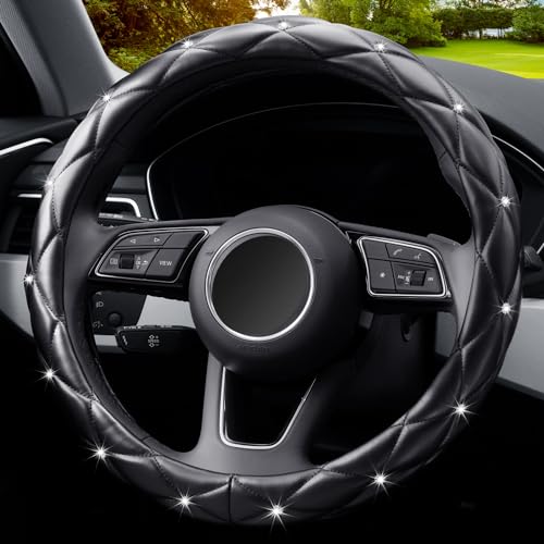 YOGURTCK Diamond Soft Leather Anti-Slip Steering Wheel Cover with Bling Bling Crystal Rhinestones, Universal 15 Inch for Women Girls, Fit Vehicles, Sedans, SUVs, Vans, Trucks - Black