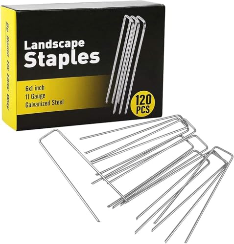 HongWay 120 Pack Landscape Staples 6 Inches 11 Gauge Stakes, Galvanized Garden Stakes U-Shaped Pins and Landscaping Staples for Sod Anchoring Landscape Fabric Irrigation Tubing