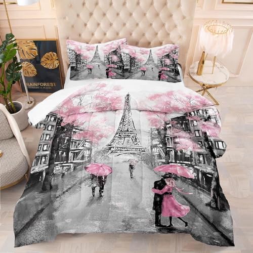 kxry Pink Paris Eiffel Tower Comforter Set Queen Size French Style Couple Lover Flower Bedding Sets for Girls Women Kids Quilted Duvet 1 Comforter + 2 Pillow Cases
