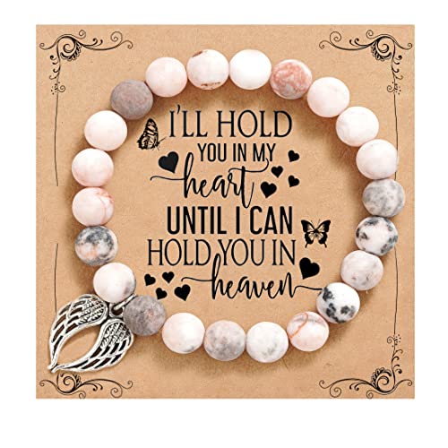 QWNHONEY In Memory of Bracelet Sorry for Your Loss Gifts Pink Beads Bracelet with Angle Wings Jewelry Gifts for Women I'll Hold You in My Heart Until I Hold You in Heaven