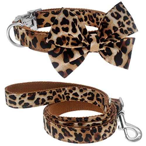 Dog Collar with Bow, Cotton & Webbing, Detachable Bowtie Dog Collar, Adjustable Dog Collars and Leash for Small Medium Large Dogs (S, Leopard Print)