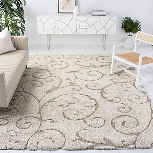 SAFAVIEH Florida Shag Collection Area Rug - 8' x 10', Cream & Beige, Scroll Design, Non-Shedding & Easy Care, 1.2-inch Thick Ideal for High Traffic Areas in Living Room, Bedroom (SG455-1113)