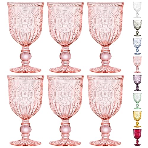 Yungala Pink Wine Glasses set of 6 pink goblets, dishwasher safe vintage pink glassware, pink drinking glasses for a baby shower, wedding, or fancy glassware for everyday.