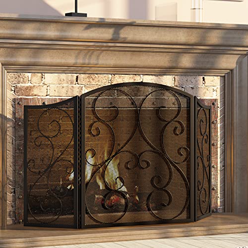 Fire Beauty Fireplace Screen 3 Panel Wrought Iron Metal 48'(L) x30(H) Spark Guard Cover(Black)