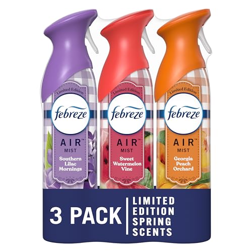 Febreze Air Mist Odor-Fighting Air Freshener Mixed Scent, Southern Lilac Mornings, Georgia Peach Orchard, Sweet Watermelon Vine, 8.8 oz. Aerosol Can, Pack of 3