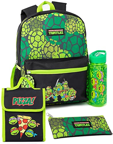 Teenage Mutant Ninja Turtles Boys Backpack Set | Kids 4 Piece Green Rucksack Bundle with School Bag, Pencil Case, Lunch Bag & Water Bottle | TMNT Graphic Complete Matching Set | Back to School Gifts,