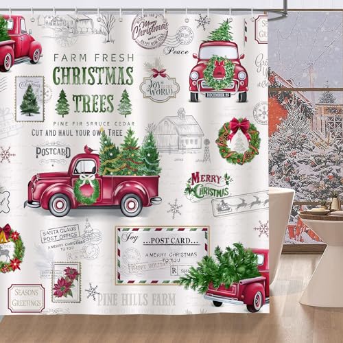 Bonhause Vintage Christmas Shower Curtain Red Truck with Christmas Tree Wreath Classical Decorative Bath Curtain 72 x 72 Inch Polyester Fabric Waterproof Bathroom Curtain with 12 Hooks