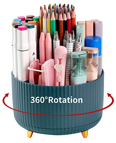 Desk Pencil Pen Holder, 5 Slots 360°Degree Rotating Pen Organizers for Desk, Desktop Storage Stationery Supplies Organizer, Cute Pencil Cup Pot for Office, School, Home, Art Supply, Dark Green