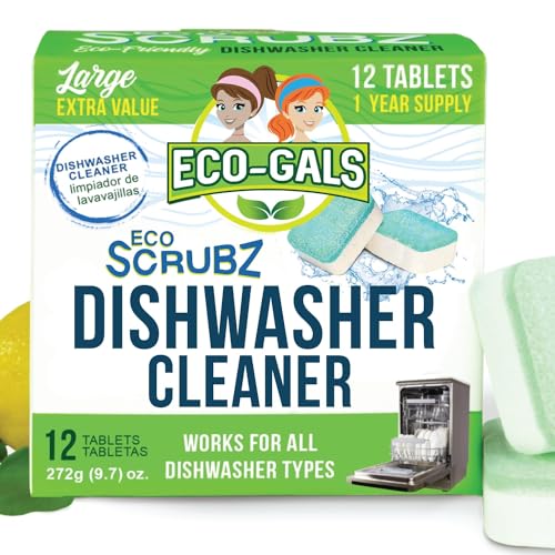 Eco-Gals Eco Scrubz Deep Dishwasher Machine Cleaner, Heavy Duty, Septic Safe, Removal of Odors, Limescale, Smell, Grime, and Calcium - 12 Tablets - 12 Month Supply - Unscented