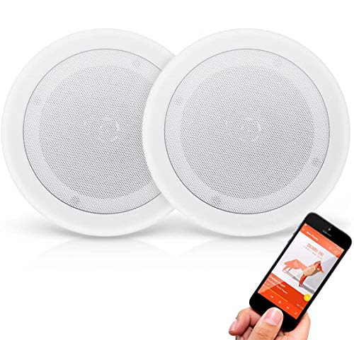 Pyle PDICBT852RD 8 Inch 250 Watt Bluetooth In Ceiling Wall 2 Way Flush Mount Home Indoor Stereo Speakers System Pair, White
