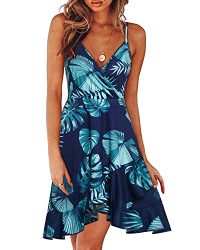 ULTRANICE Womens Summer Dresses 2024 Sundresses Casual Spring Trendy Blue Floral Flowy Wrap Midi Beach Wedding Guest Vacation Outfits Clothes Hawaiian V Neck Spaghetti Strap Dress(Floral05,L)