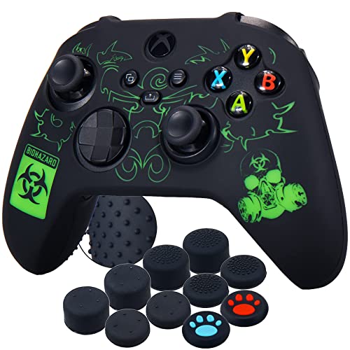 YoRHa Silicone Rubber Back Dots Carving Customizing Skin Cover for Xbox Series X/S Controller x 1(BH Green) with Pro Thumb Grips x 10