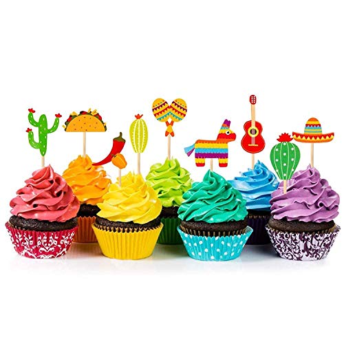 36 Pcs Fiesta Cupcake Topper Mexican Theme Cake Decoration for Mexican Themed Cactus Donkey Taco Pepper Sombrero Mustache Party Decorations