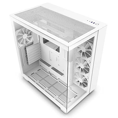 NZXT H9 Flow Dual-Chamber ATX Mid-Tower PC Gaming Case – High-Airflow Perforated Top Panel – Tempered Glass Front & Side Panels – 360mm Radiator Support – Cable Management – White