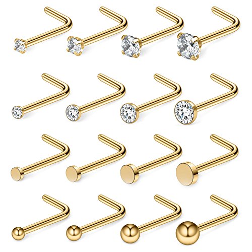 Ruifan 16PCS 20G Surgical Steel 1.5mm 2mm 2.5mm 3mm Top Flat & Ball & Clear Round & Jeweled Clear CZ Curved Nose Stud Ring L Shaped Piercing Jewelry - Gold