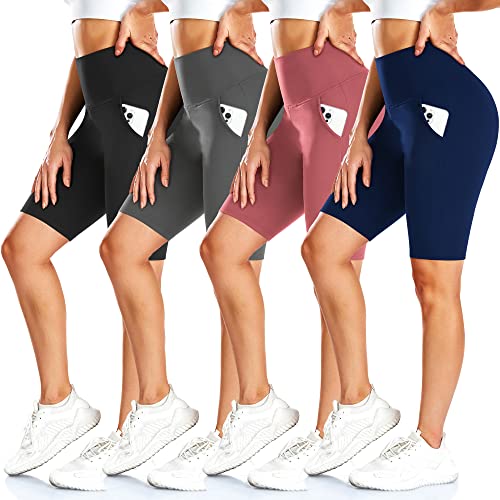 FULLSOFT 4 Pack Biker Shorts for Women – 8' High Waist Tummy Control Workout Yoga Running Compression Exercise Shorts with Pockets(4 Pack Black/Navy Blue/Grey/Pink,Small-Medium)