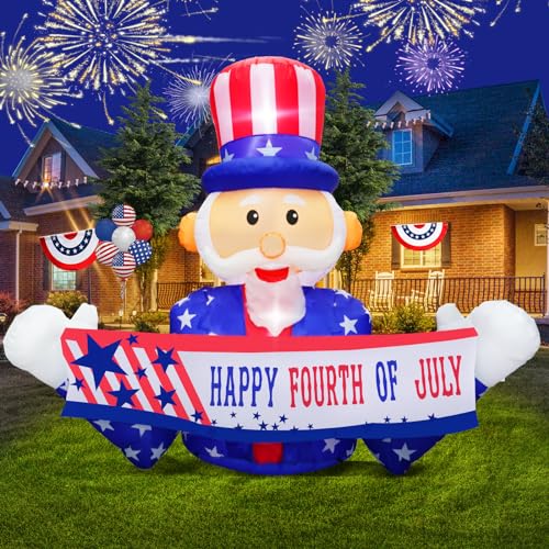 PARAYOYO 8 Ft Independence Day 4th of July Inflatable, Uncle Sam Hold Banner Patriotic Inflatable Built-in LEDs Stable Memorial Day Blow up Inflatable Indoor Home Outdoor Yard Lawn Parade Party