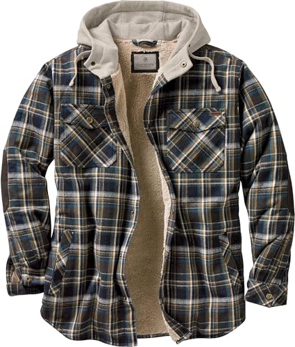 Legendary Whitetails Men's Camp Night Berber Lined Hooded Flannel Shirt Jacket, Upland Plaid, Large