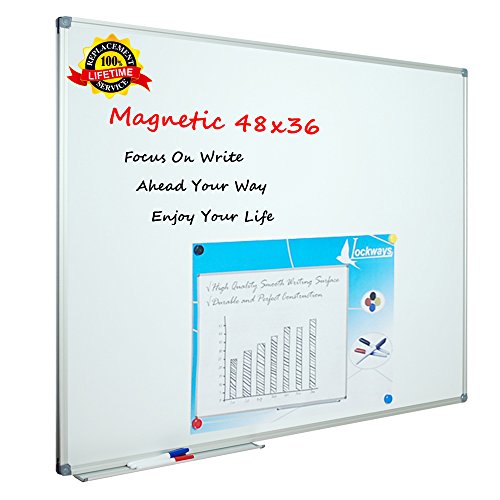 Lockways White Board Dry Erase Board 48 x 36 Inch, Magnetic Whiteboard 4 x 3, Silver Aluminium Frame, Set Including 1 Detachable Aluminum Marker Tray, 3 Dry Erase Markers, 8 Magnets