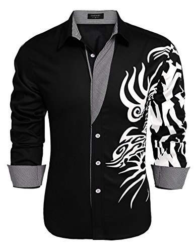 COOFANDY Mens Print Button Down Dress Shirt Fashion Long Sleeve Casual Shirts,Black 1,X-Large