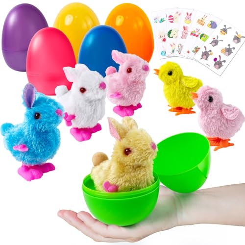 Easter Eggs Filled 6 Pack Surprise Eggs with Wind Up Rabbits Inside, Colorful Pre Plastic Easter Eggs Toys For Kids Easter Basket Gifts Easter Basket Stuffers Fillers Party Favors with Stickers