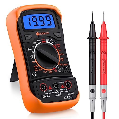 Neoteck Pocket Manual Ranging Digital Multimeter with Test Leads, Backlight LCD, Volt Amp Ohm hFE (DC Amplification) Test NPN PNP Transistor Diodes Audible Continuity Tester - Orange Case