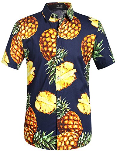 SSLR Hawaiian Shirt for Men, Pineapple Shirt Casual Button Down Cotton Short Sleeve (XX-Large, Navy)