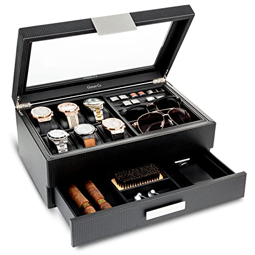 Glenor Co Valet Jewelry Box for Men - Holds 6 Watches, 12 cufflinks, 2 Sunglasses, Drawer & Tray Storage - Watch Case - Carbon Fiber design Organizer w Metal Accents & Large Glass Lid - Black