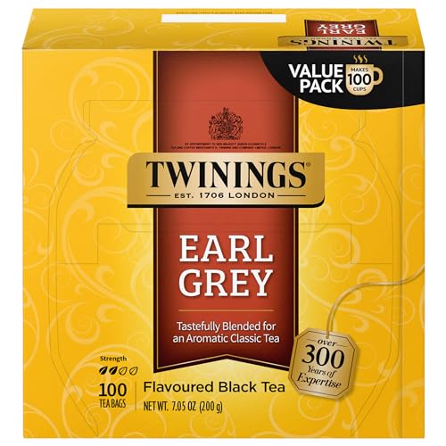 Twinings Earl Grey Black Tea, 100 Individually Wrapped Tea Bags, Flavoured With Citrus and Bergamot, Caffeinated, Enjoy Hot or Iced