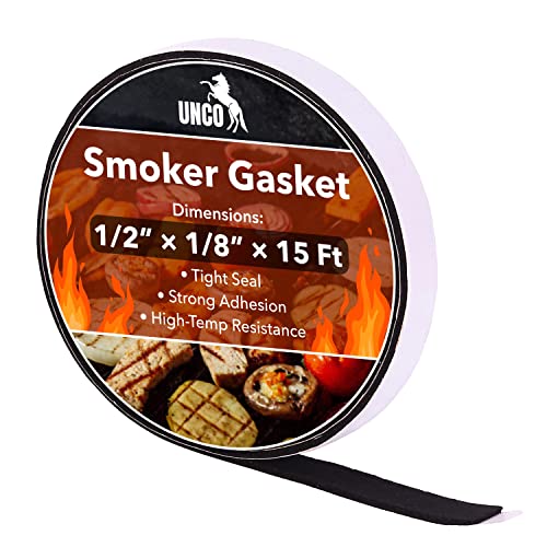 UNCO- Smoker Gasket, 15 Ft, 1/2'X1/8', Grill Gasket, Heat Gasket, Smoker Heat Tape, Smoker Gasket Sealer High Temp, Kettle Grill Gasket, BBQ Gasket, High Temperature Gasket Smoker, Smoker Door Gasket