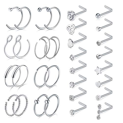 D.Bella 20G 8mm 32pcs Surgical Stainless Steel Nose Rings Hoop L Shaped Bone Screw Nose Rings Studs Nose Piercing Jewelry Set