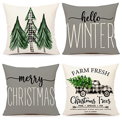 4TH Emotion Gray Christmas Pillow Covers 18x18 Set of 4 Farmhouse Christmas Decorations Merry Christmas Tree Truck Hello Winter Holiday Decor Throw Cushion Case for Home Couch S22C19