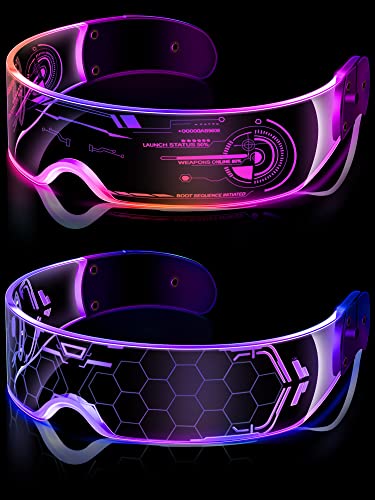 TOODOO 2 Pairs LED Visor Glasses 7 Colors Futuristic Glasses 4 Modes Light Up Glasses Honeycomb Luminous Glasses for Adults (Exquisite Style)