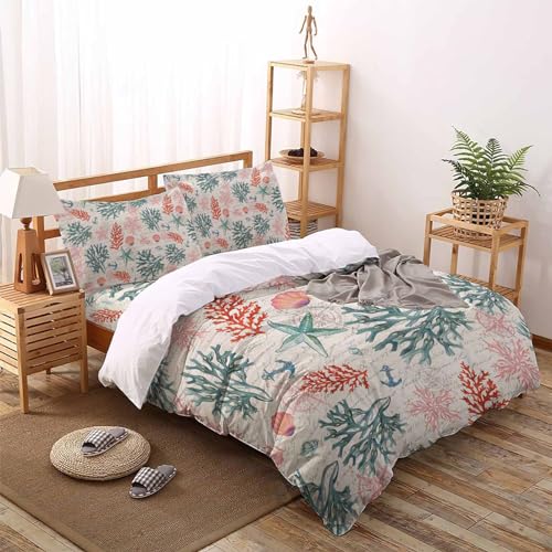 Green Coral Starfish 4 Piece Duvet Cover Set Queen Size,Soft Bedding Comforter Quilt Cover with 2 Pillowcases and Flat Sheet - Hidden Zipper & Corner Ties Nautical Compass Anchor Tropical Reef