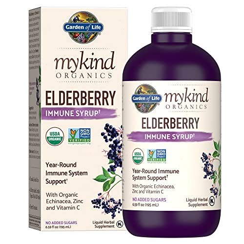 Garden of Life mykind Organics Plant-Based Elderberry Immune Syrup 6.59 fl oz (195 Ml) for Kids & Adults: Sambucus, Echinacea, Zinc & Vitamin C, 0g Sugar, Organic Vegan Gluten Free Herbal Supplement