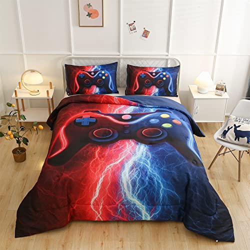 Meeting Story Gamer Gaming Bedding Sets Tie Dye Lightnings Gamepad Comforter Set for Boys Games Console Action Buttons Novelty Colorful Modern Room Decor Home Quilt Set (Twin, Red-Blue)