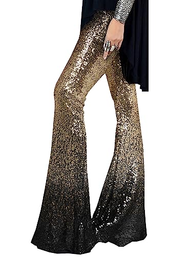 EVALESS Womens Glitter Gradient Sequin Pants High Waist Stretchy Hip Hop Clubwear Wide Leg Flared Trousers Bell Bottom Black L 12 14