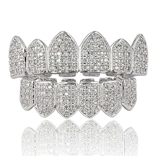 JINAO Diamond Grillz 18K Gold Plated Grills for Your Teeth Macro Pave CZ Iced Out Grill for Men Women With Extra Molding Bars Included (Silver set)