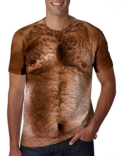 uideazone Men Women 3D Chest Hairy Printed Short Sleeve T-Shirt Casual Crew Neck Shirt Top