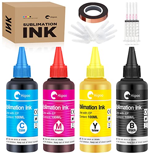 Hiipoo Sublimation Ink Refilled Bottles with Heat Tape Refill for ET2400 XP4105 XP4100 ET2720 ET2760 ET2750 ET4800 ET-2800 ET-2803 ET-2850 Inkjet Printers Heat Press Transfer on Mugs T-Shirts