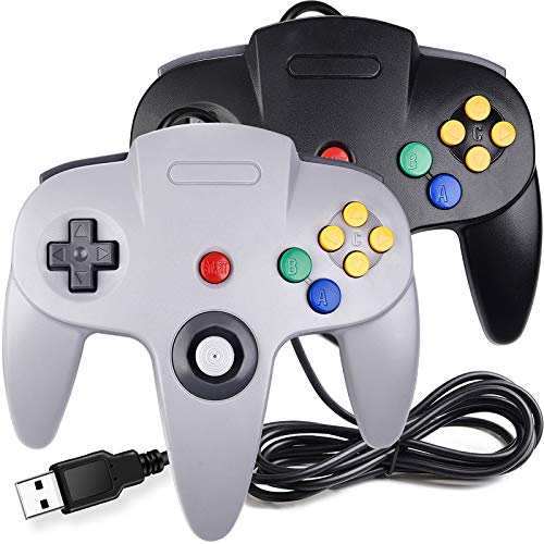 2 Pack USB Wired N64 Controller, suily Classic N64 PC Gamepad Joystick Controller for Windows PC MAC Linux Raspberry Pi 3 (Black/Gray)
