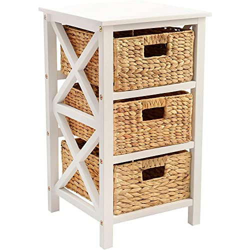 eHemco 3 Tier X-Side End Table with Wicker Baskets for Bedside, Living Room in White