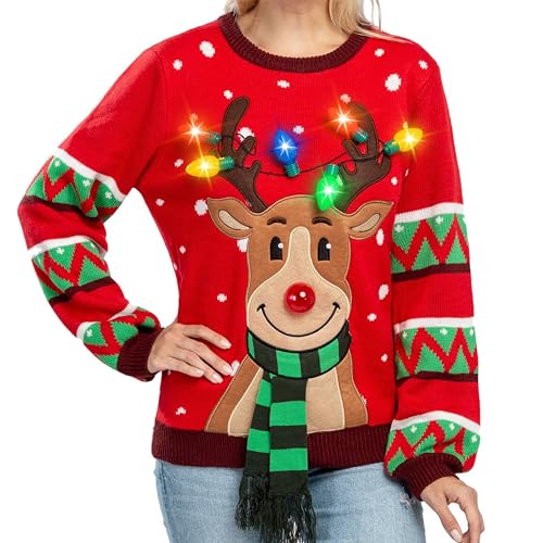JOYIN Womens LED Light Up Reindeer Ugly Christmas Sweater Built-in Light Bulbs (Red, Small)