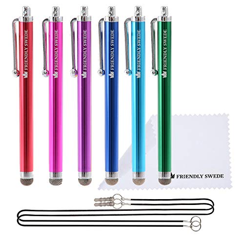 The Friendly Swede Set of 6 Micro-Knit Hybrid Fiber Tip Universal Capacitive Stylus Pens for Touch Screens, Stylus Pen for iPad, iPad Pen, iPad Stylus - Hot Pink/Aqua Blue/Green/Dark Blue/Red/Purple