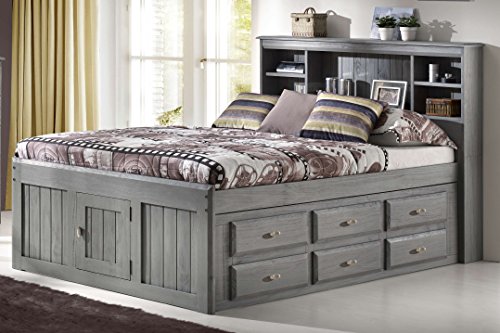 Discovery World Furniture Full Size Bookcase Captain Platform Bed with 6 Storage Drawers on ONE Side with Open Opposite Side (Charcoal Gray)