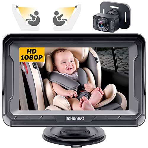 DoHonest Baby Car Camera HD 1080P: 360° Rotating Plug and Play Easy Install 3 Mins Rear Facing Mirror Car Baby Monitor with Camera Crystal Night Vision Backseat Camera Two Kids -V33