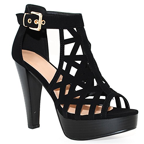 TRENDSup Collection Open Toe Ankle Strap Sandal – Western Bootie Stacked Heel Open Toe Cutout Shoes (8.5, Black)