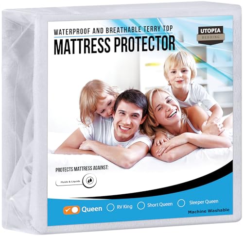 Utopia Bedding Waterproof Mattress Protector Queen Size, Premium Terry Mattress Cover 200 GSM, Breathable, Fitted Style with Stretchable Pockets (White)