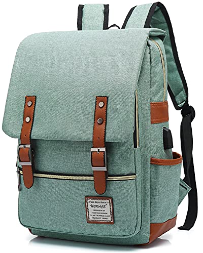 UGRACE Vintage Laptop Backpack with USB Charging Port, Water Resistant Travelling Backpacks College Bag for Men Women, Fits up to 15.6Inch Laptop in Green